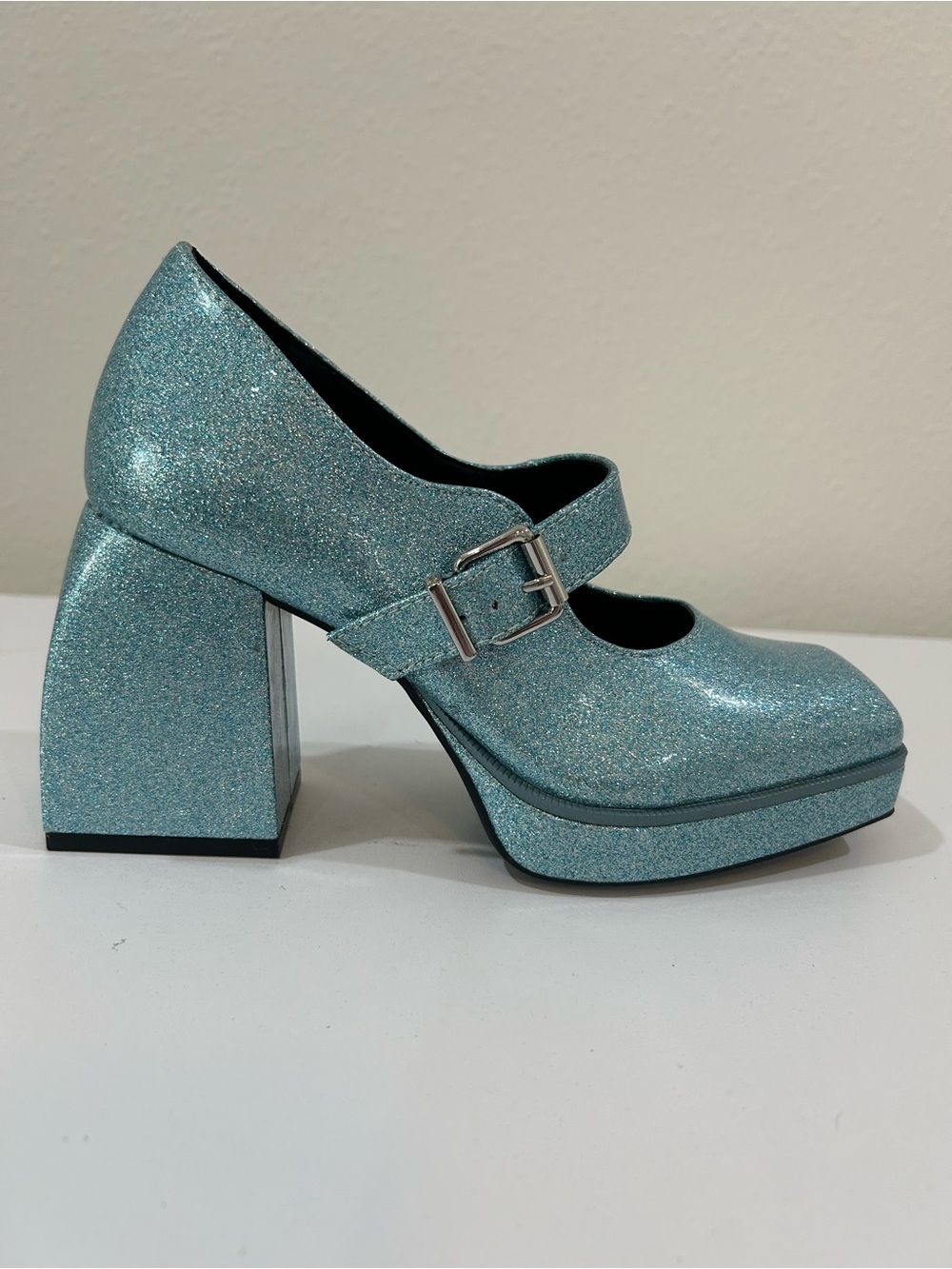 Gianni Bini 2-Night Blue Glitter Mary Jane Chunky Platform Heels Pumps Shoes
